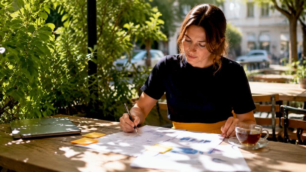 Recruitment manager reviewing budget sheets at desk