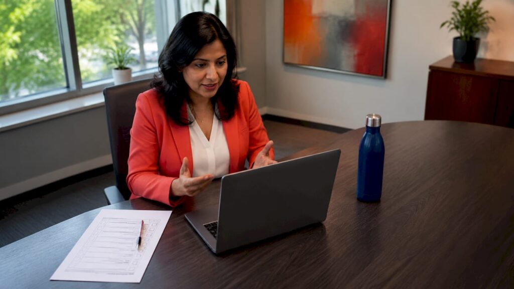 Small business owner interviewing candidate via laptop