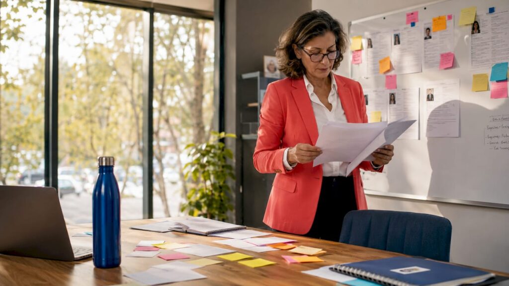 Hiring manager reviewing candidate resumes at desk