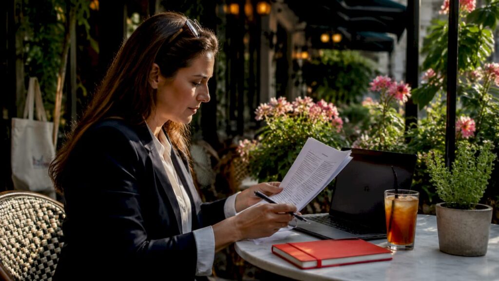 Woman reviewing recruitment service agreement