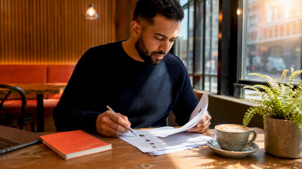 Recruitment consultant reviewing resumes at desk