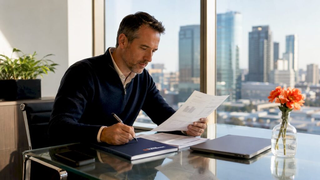 Employer reviewing recruitment brief in office