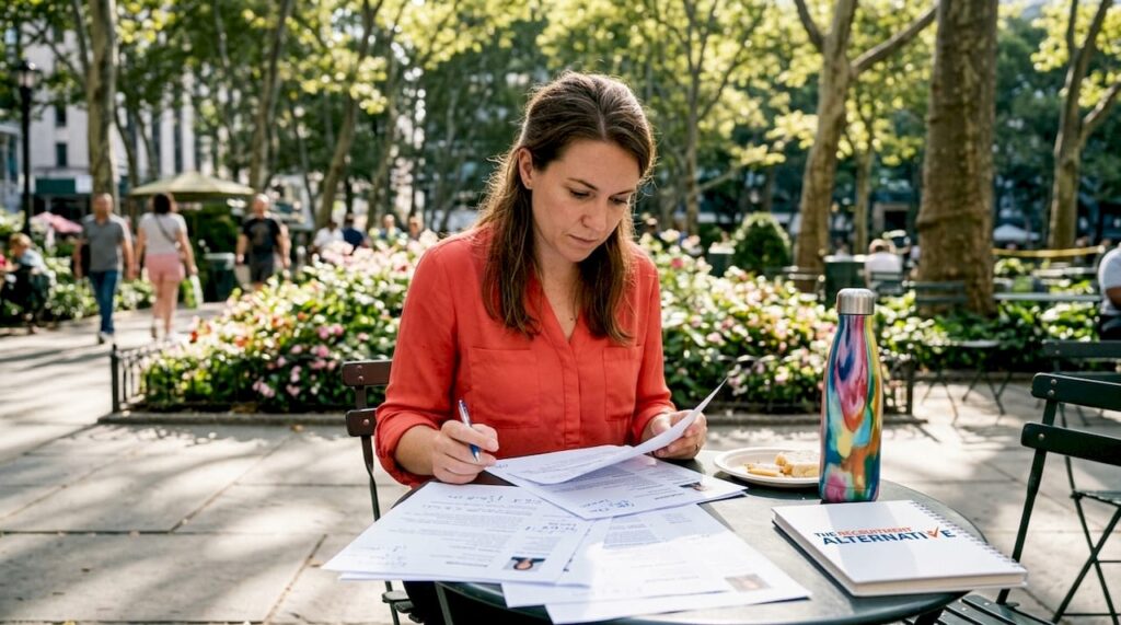 HR professional reviewing recruitment documents at home office