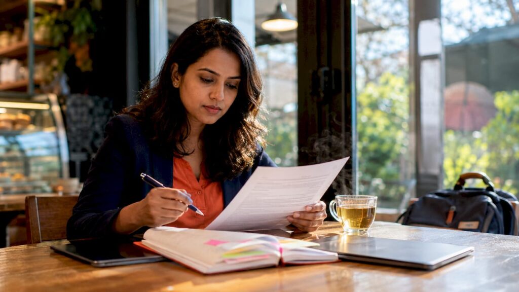 Professional woman reviewing recruitment agreement