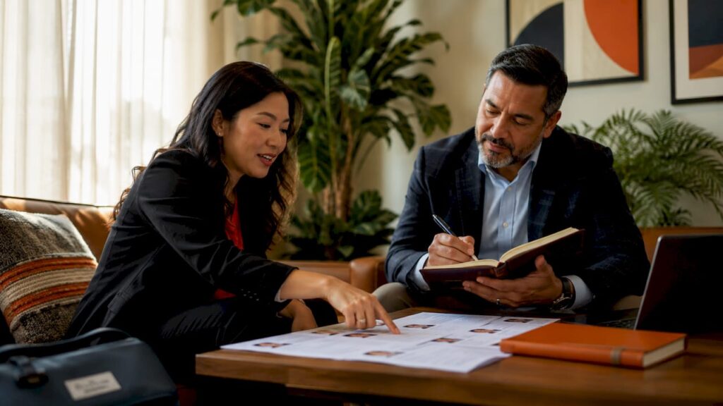 Hiring manager and recruiter collaborating at table