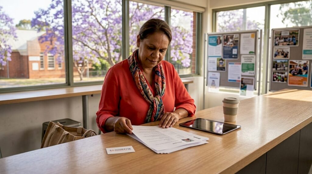 Recruitment consultant reviewing resumes in regional office
