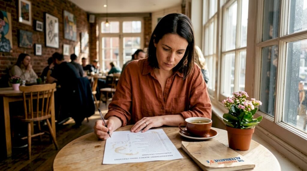 Small business owner reviewing checklist at home