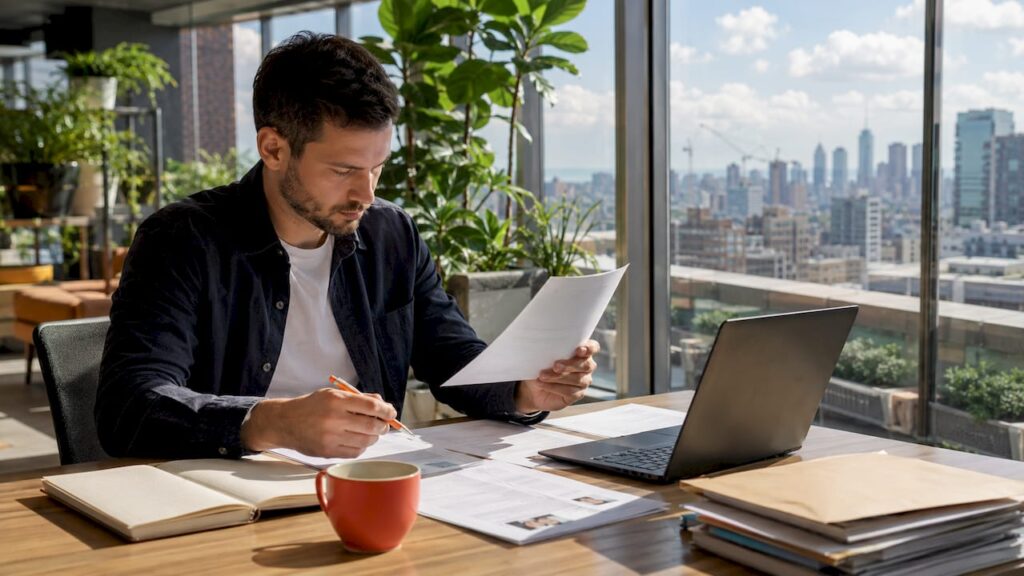 Recruitment manager reviewing job briefs in office