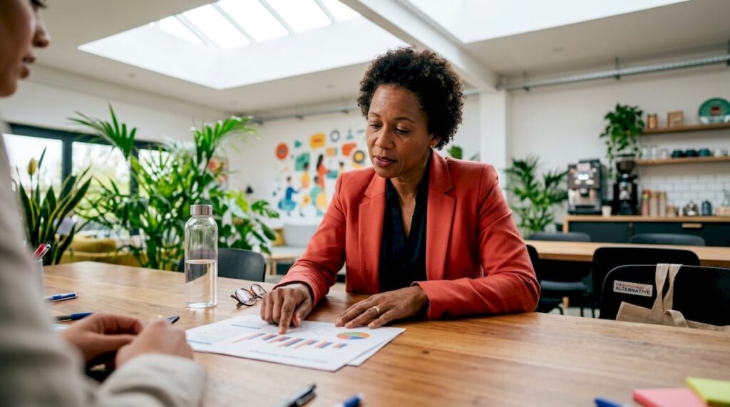 Businesswoman reviewing recruitment models at meeting table