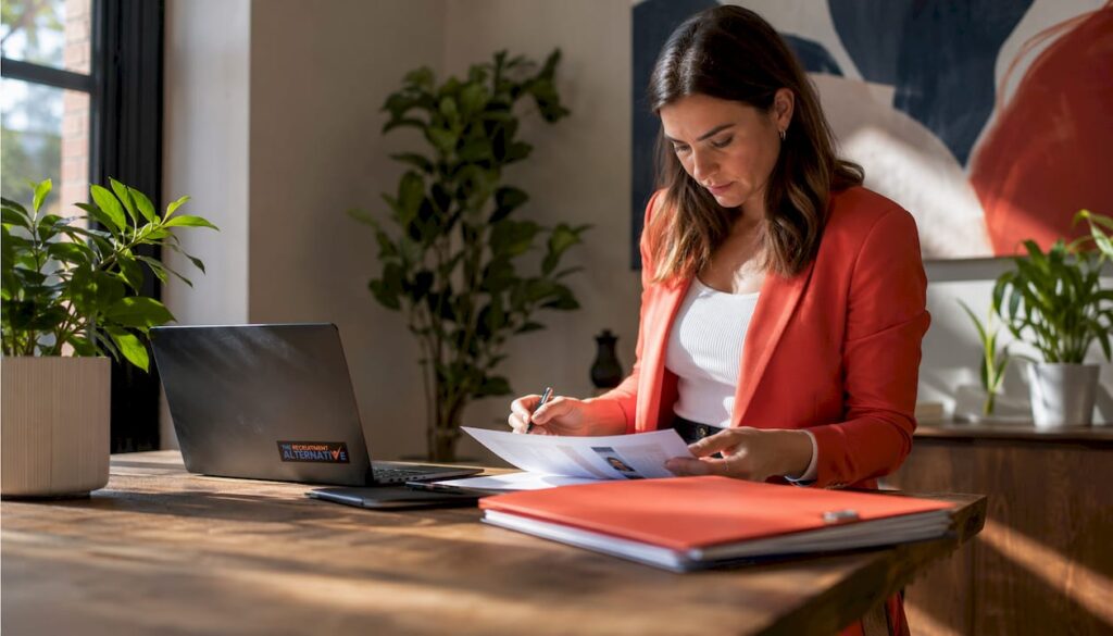 Recruitment consultant reviewing candidate resumes