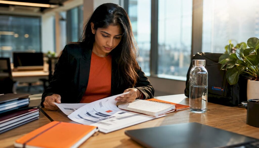 Businesswoman reviewing recruitment costs at desk