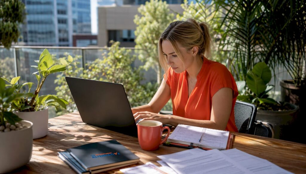 Woman reviewing sales resumes at coworking office
