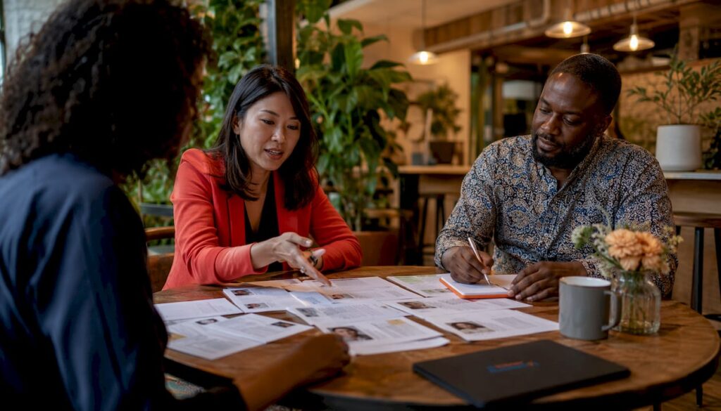 Recruitment team reviewing candidate profiles together