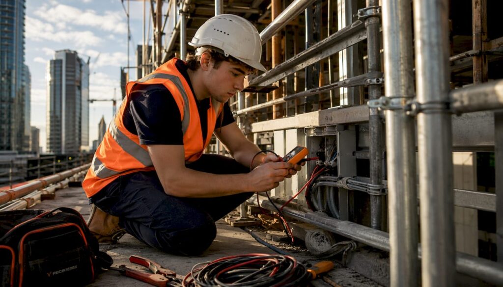 Electrician apprentice testing wiring onsite