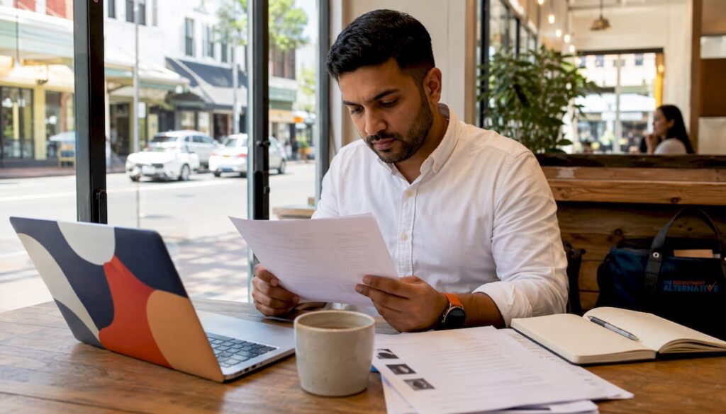 Healthcare recruiter reviewing contract at desk