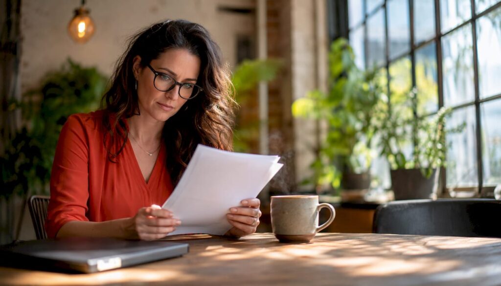 Woman reviewing job brief in home office