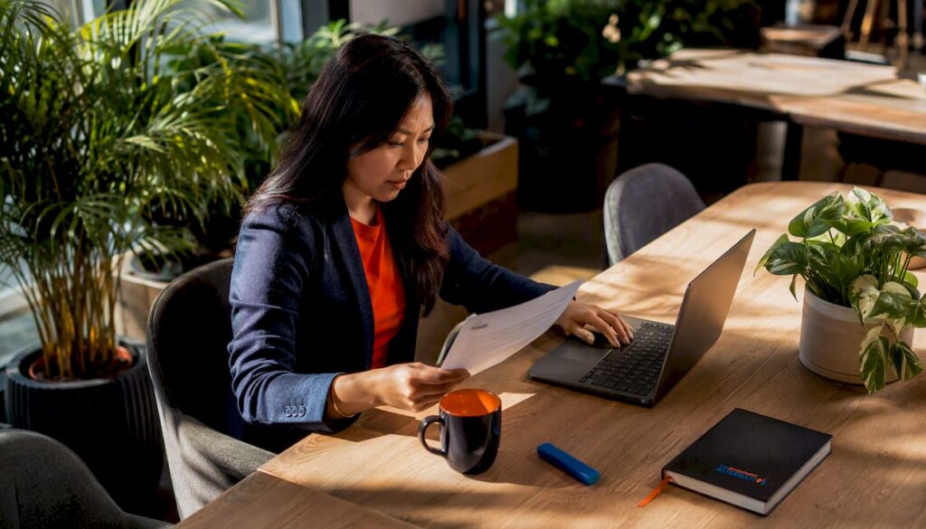 Recruiter reviewing candidate database at desk