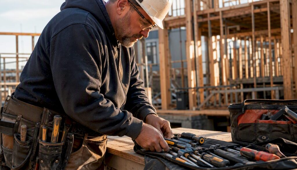 Tradesperson inspecting trade tools on-site