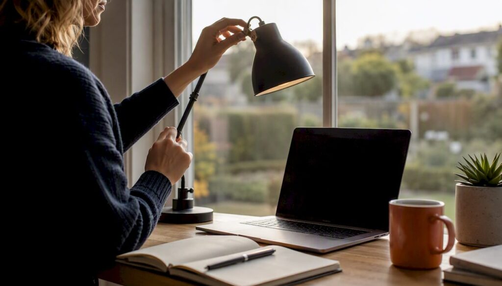 Hands adjusting desk lamp in home office
