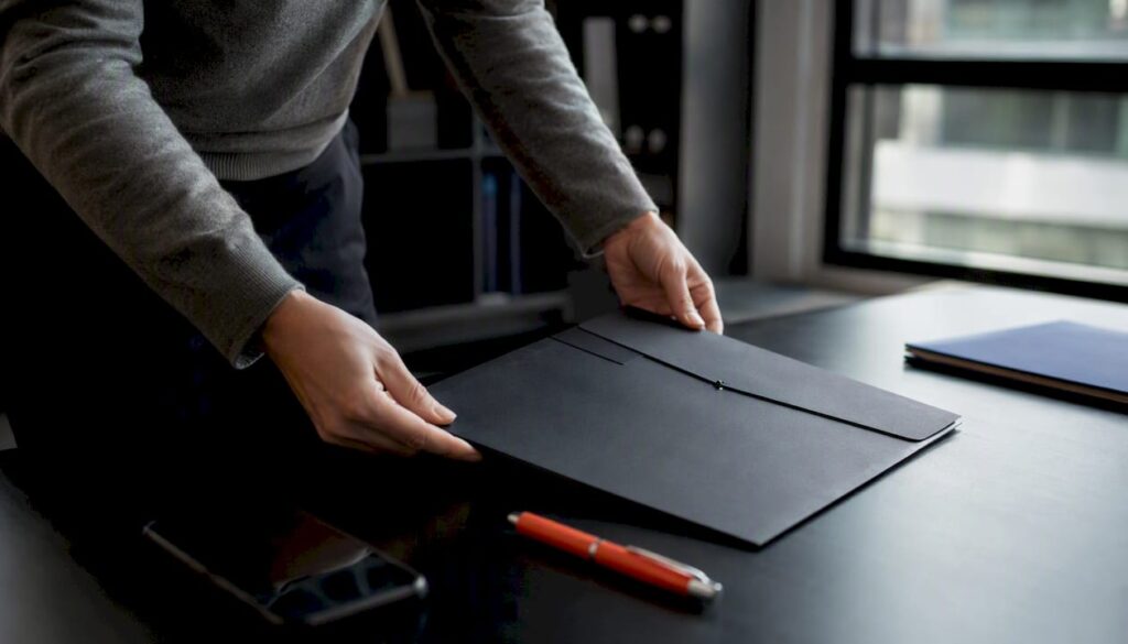 Hands placing confidential folder on desk
