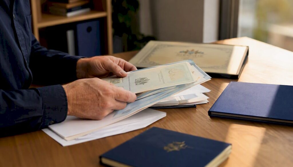 Hands checking Australian work eligibility documents