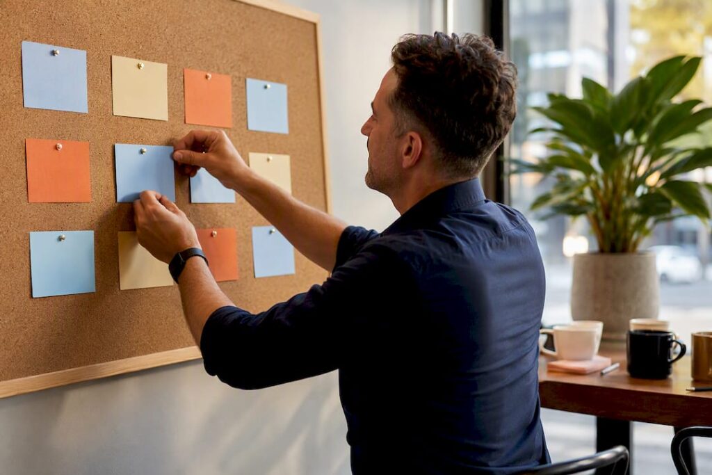 Hands pinning employer branding cards on board