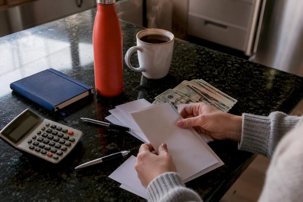 Hands arranging budget materials in small business office