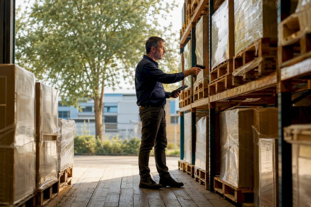 Warehouse manager scanning inventory on shelves