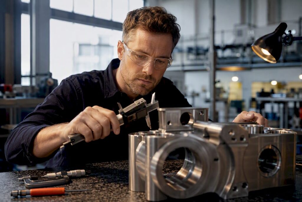 Mechanical engineer inspecting machined assembly