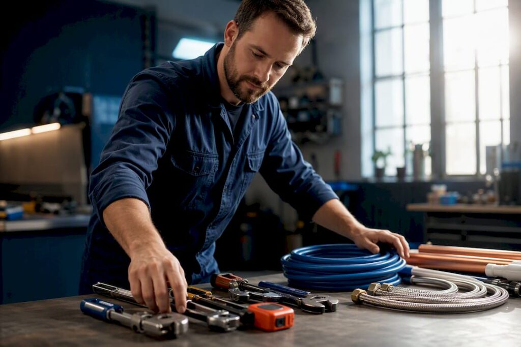 Licensed plumber preparing organised tools