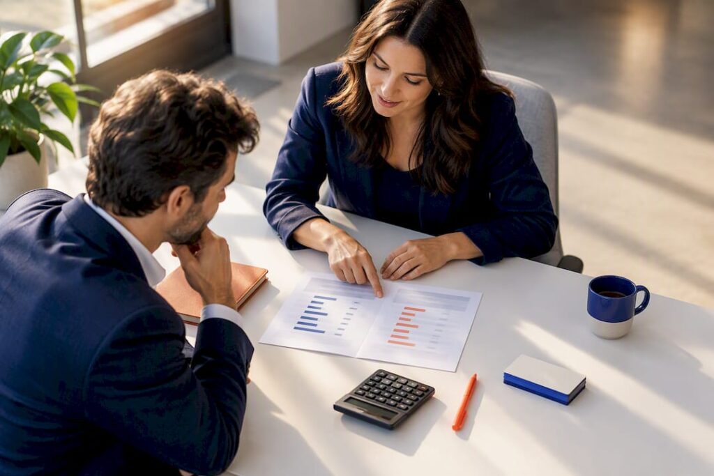 Recruitment adviser comparing hiring fee calculations