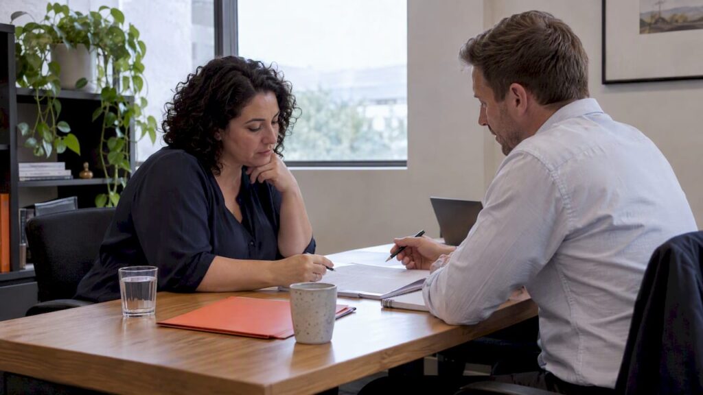 Employer and recruiter reviewing contract terms