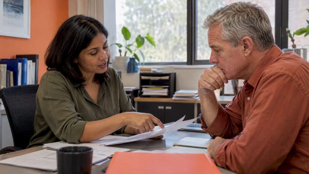 Business owner and accountant reviewing recruitment fee records