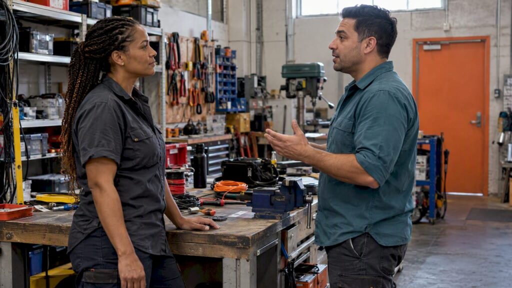 Contractor interviewing an electrician in workshop